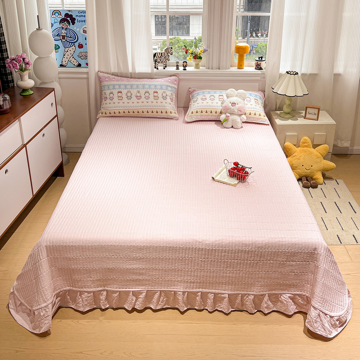 91家纺网 家纺一手货源 找家纺 富米莱（原臻工厂） 2026新款泡芙纱贝壳边夏被夏凉被空调被床盖床裙四件套-欧包系列 欧包-晚安菲菲