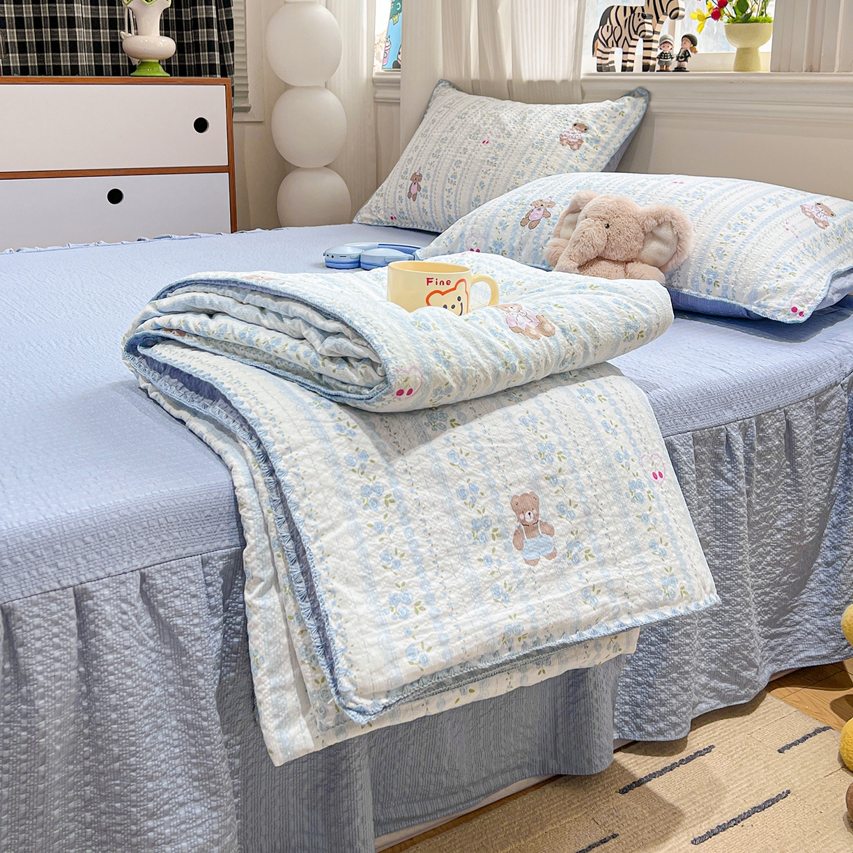 91家纺网 家纺一手货源 找家纺 富米莱（原臻工厂） 2026新款泡芙纱贝壳边夏被夏凉被空调被床盖床裙四件套-欧包系列 欧包-纯宅熊