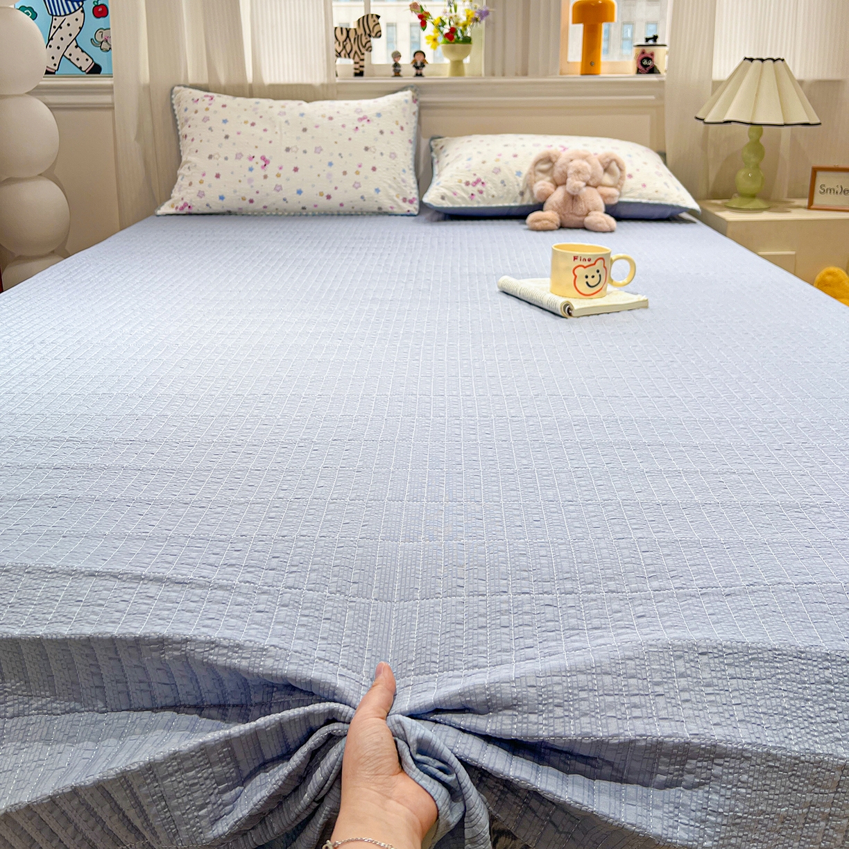 91家纺网 家纺一手货源 找家纺 富米莱（原臻工厂） 2026新款泡芙纱贝壳边夏被夏凉被空调被床盖床裙四件套-欧包系列 欧包-躲猫猫