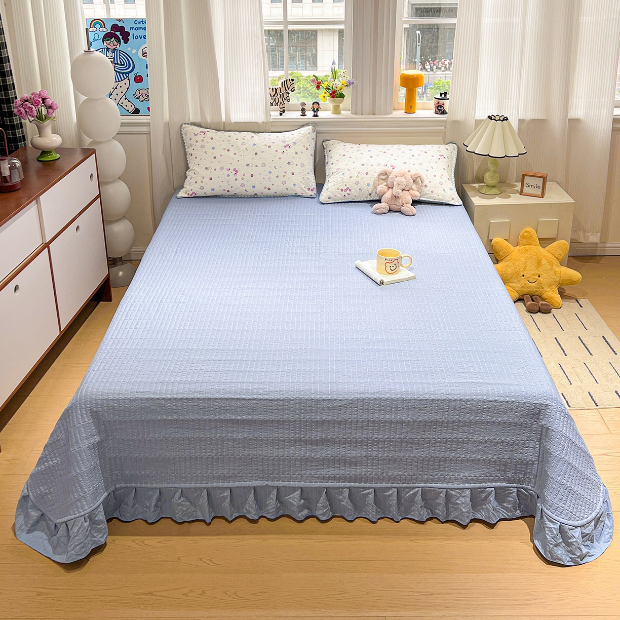 91家纺网 家纺一手货源 找家纺 富米莱（原臻工厂） 2026新款泡芙纱贝壳边夏被夏凉被空调被床盖床裙四件套-欧包系列 欧包-躲猫猫