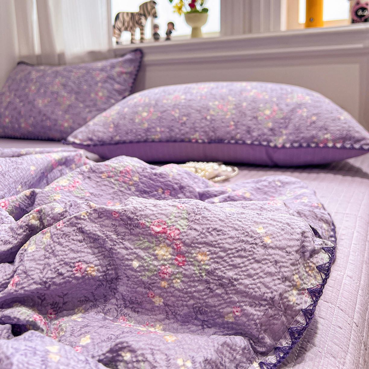 91家纺网 家纺一手货源 找家纺 富米莱（原臻工厂） 2026新款泡芙纱贝壳边夏被夏凉被空调被床盖床裙四件套-欧包系列 欧包-松间茶事