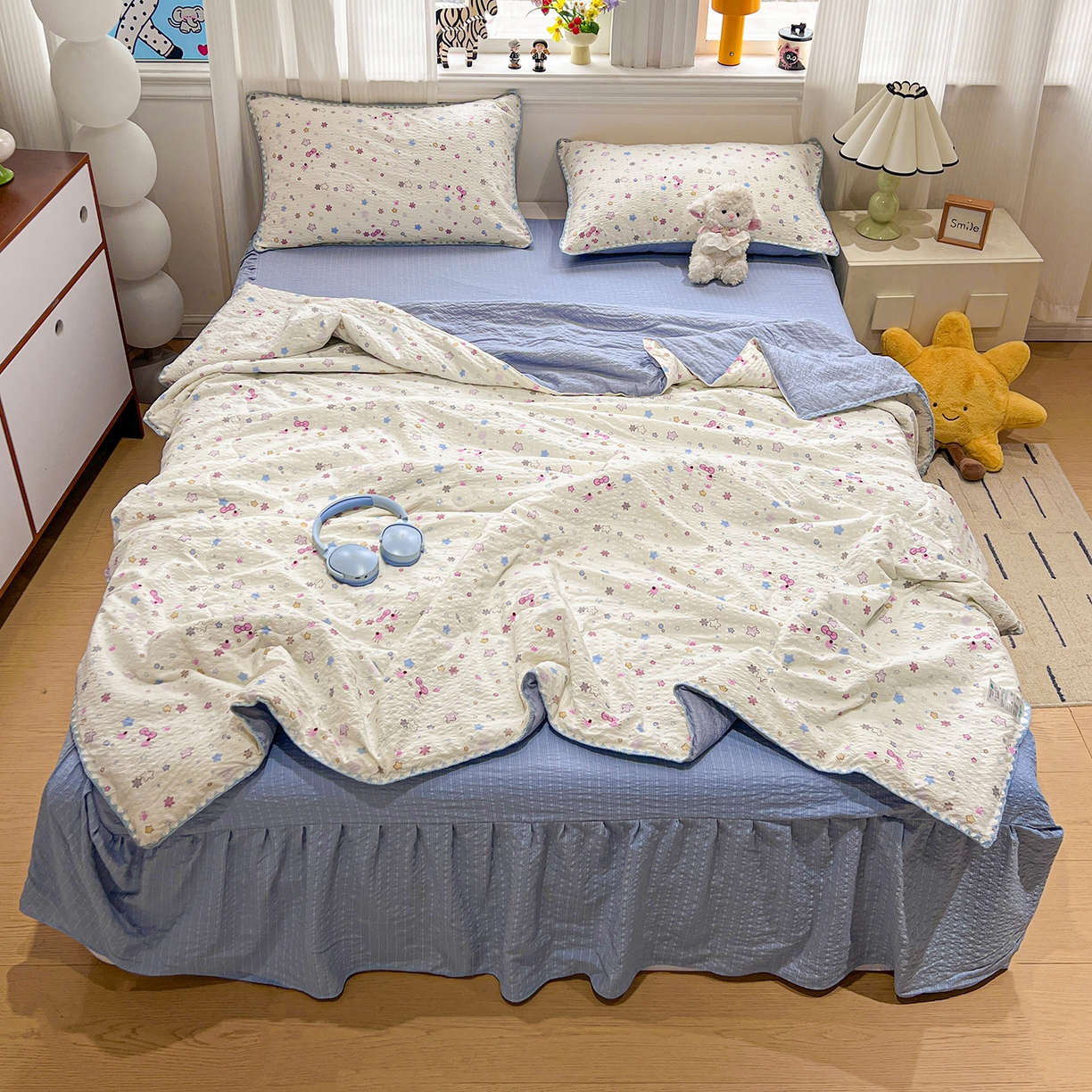 91家纺网 家纺一手货源 找家纺 富米莱（原臻工厂） 2026新款泡芙纱贝壳边夏被夏凉被空调被床盖床裙四件套-欧包系列 欧包-躲猫猫