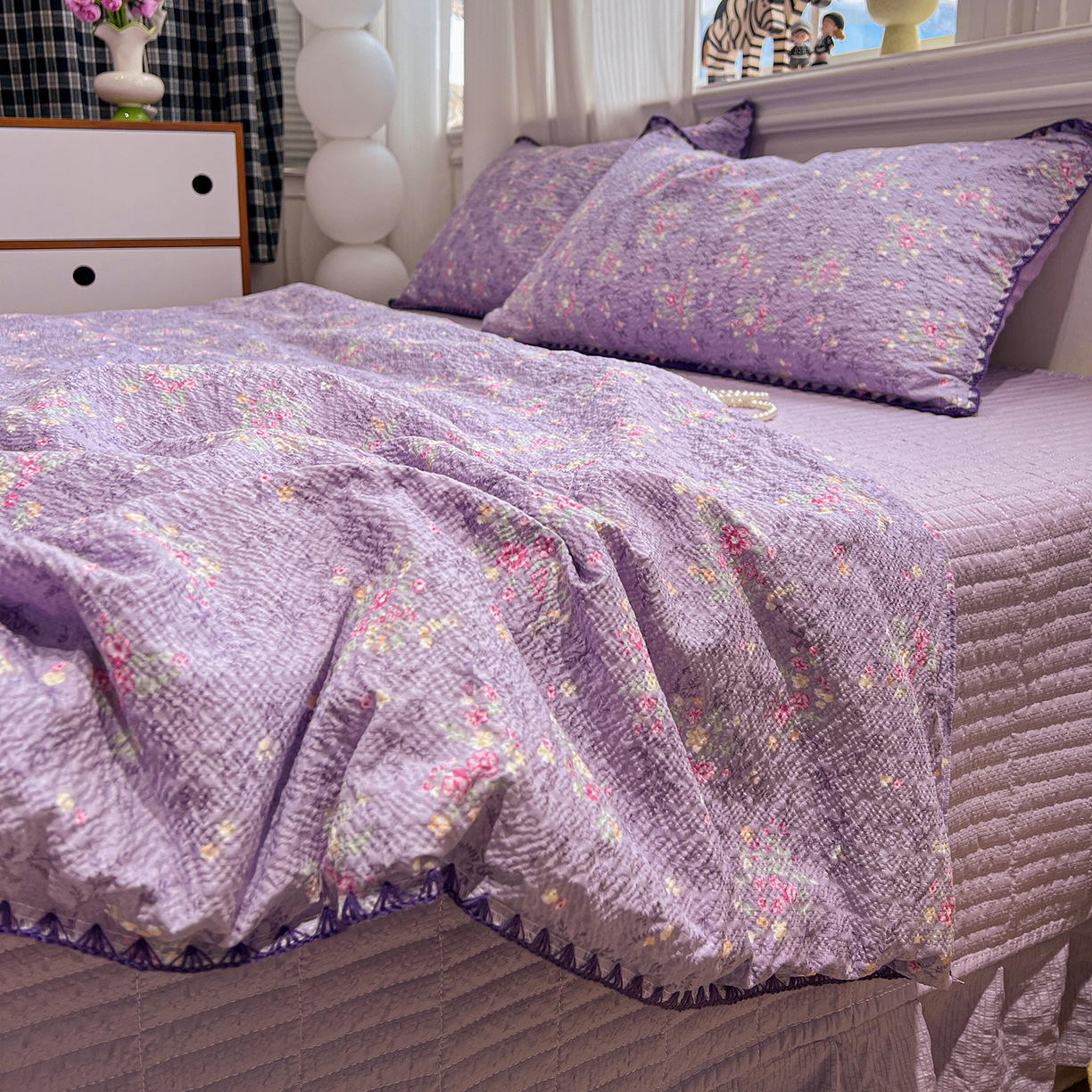 91家纺网 家纺一手货源 找家纺 富米莱（原臻工厂） 2026新款泡芙纱贝壳边夏被夏凉被空调被床盖床裙四件套-欧包系列 欧包-松间茶事