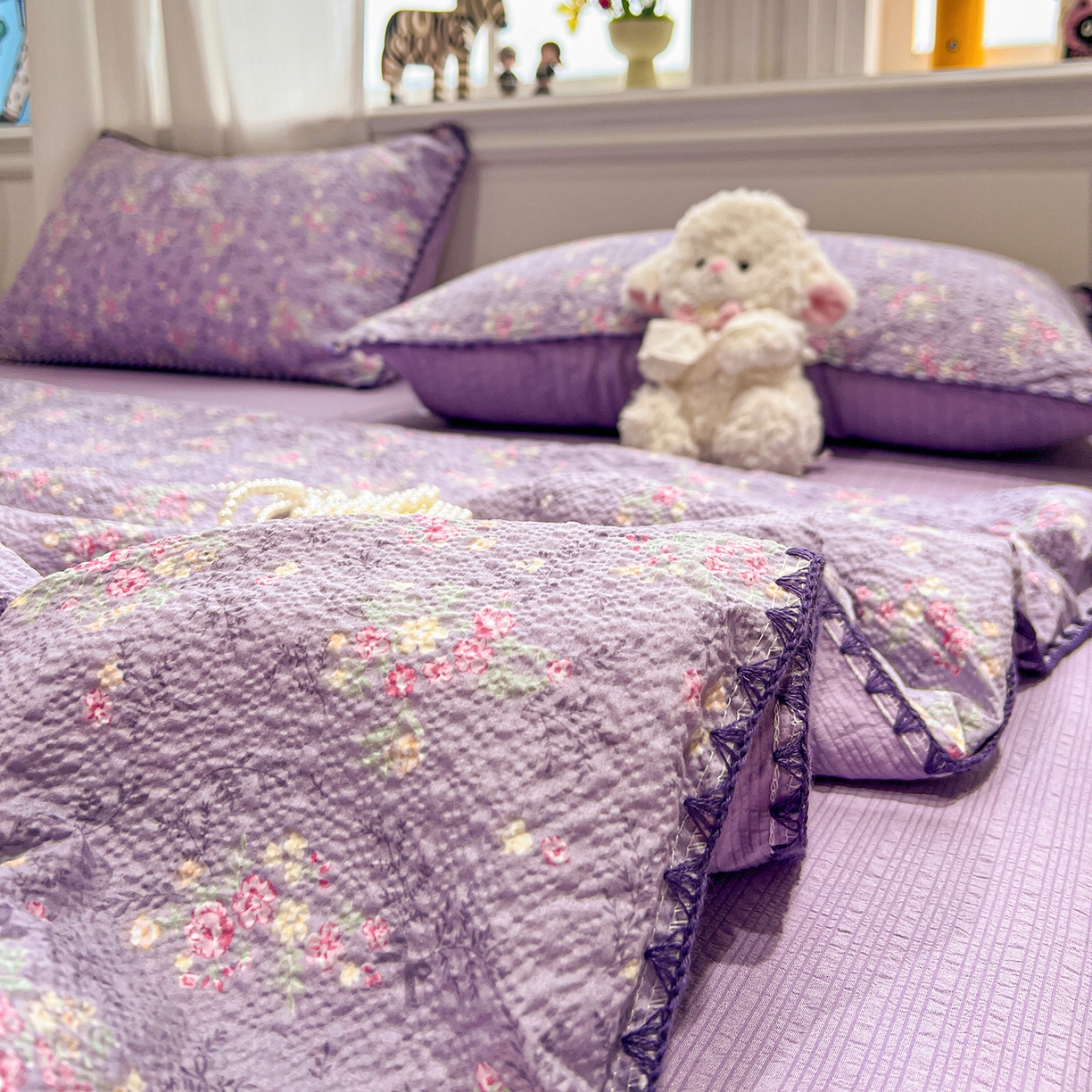 91家纺网 家纺一手货源 找家纺 富米莱（原臻工厂） 2026新款泡芙纱贝壳边夏被夏凉被空调被床盖床裙四件套-欧包系列 欧包-松间茶事