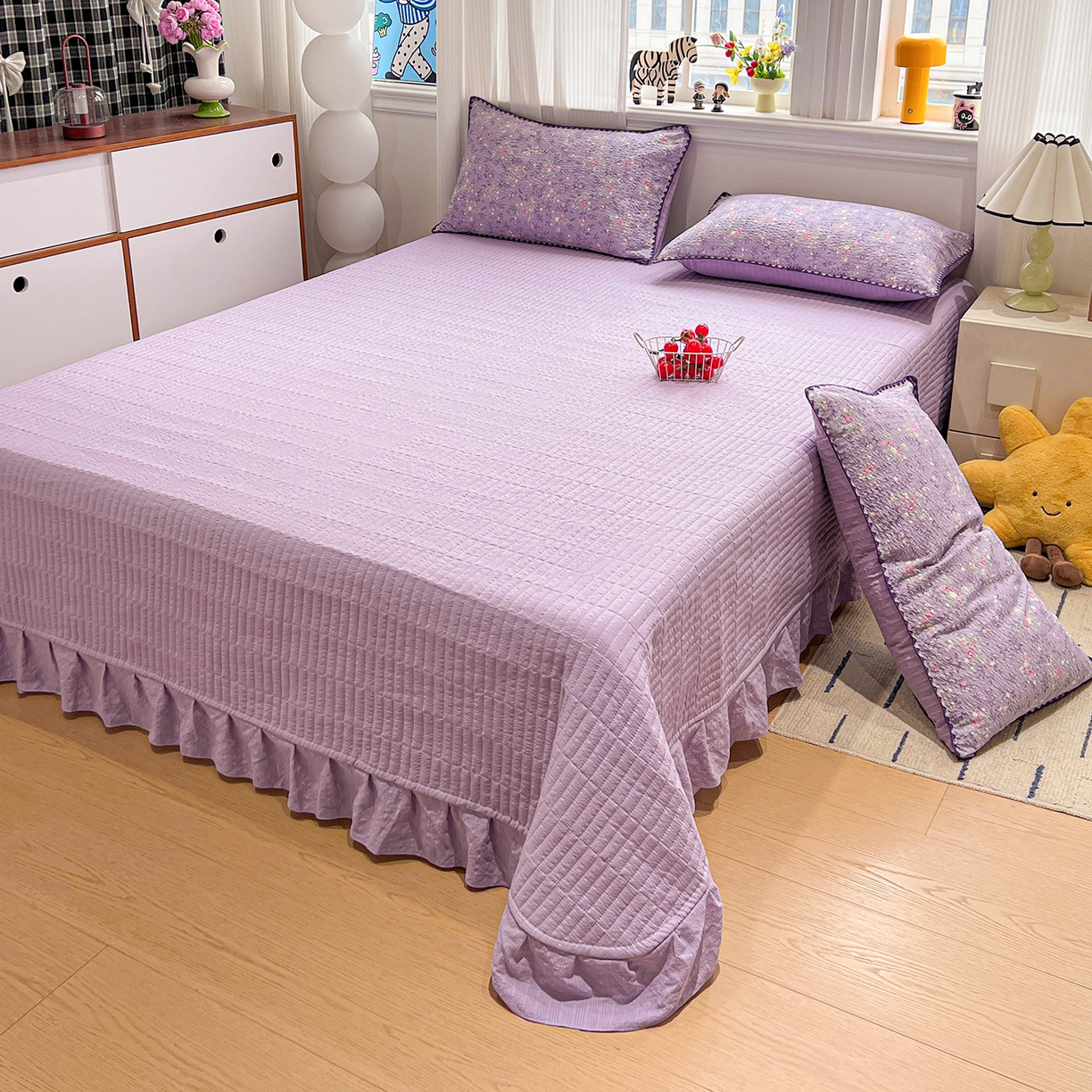 91家纺网 家纺一手货源 找家纺 富米莱（原臻工厂） 2026新款泡芙纱贝壳边夏被夏凉被空调被床盖床裙四件套-欧包系列 欧包-松间茶事