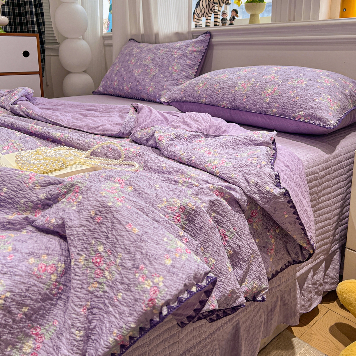 91家纺网 家纺一手货源 找家纺 富米莱（原臻工厂） 2026新款泡芙纱贝壳边夏被夏凉被空调被床盖床裙四件套-欧包系列 欧包-松间茶事