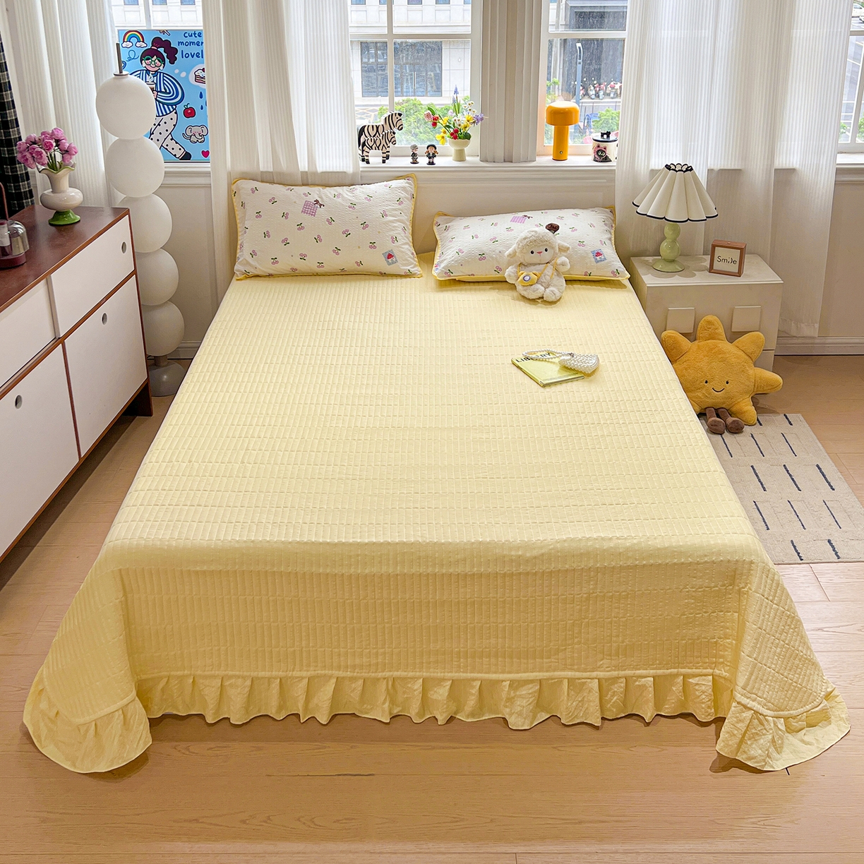 91家纺网 家纺一手货源 找家纺 富米莱（原臻工厂） 2026新款泡芙纱贝壳边夏被夏凉被空调被床盖床裙四件套-欧包系列 欧包-樱桃小软贴