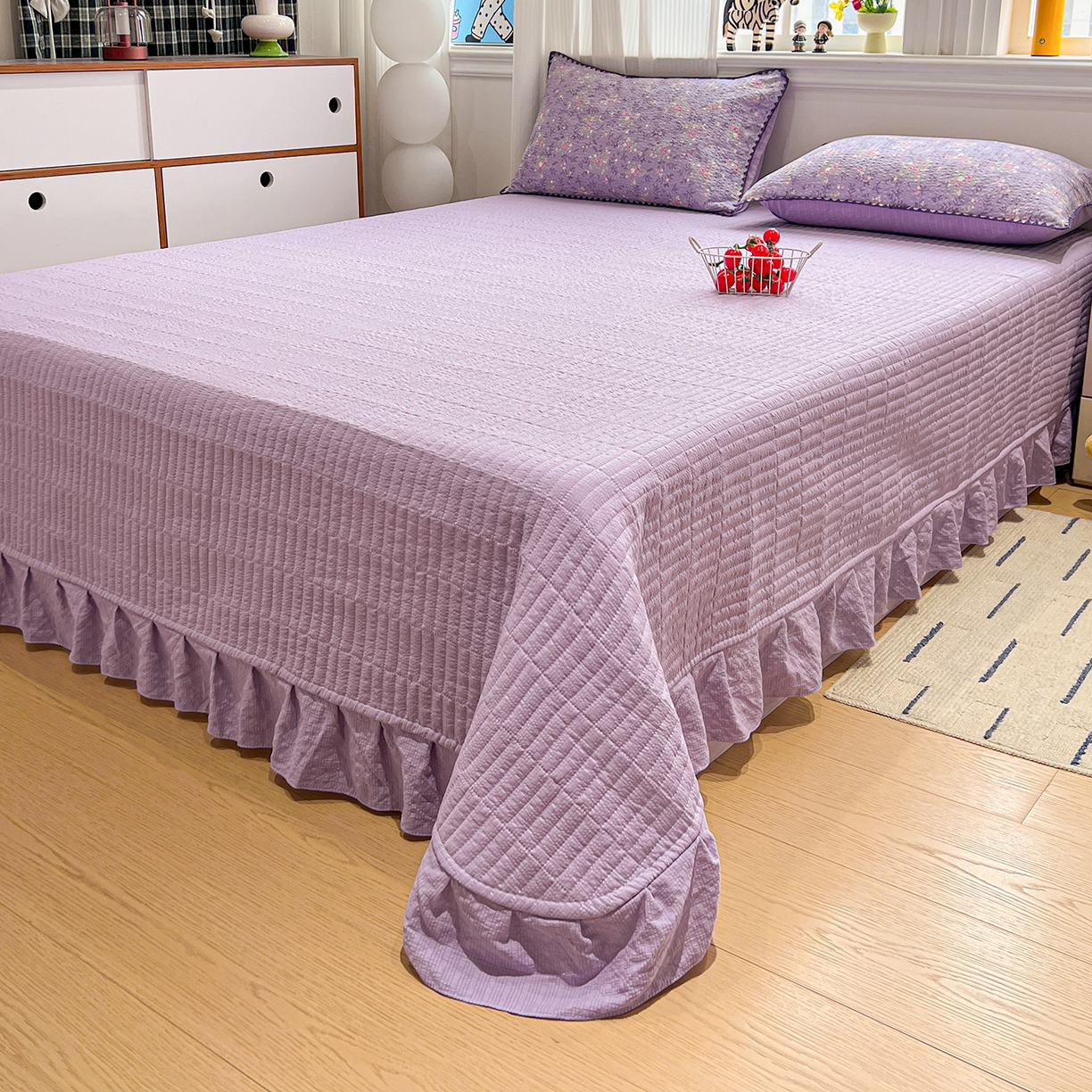 91家纺网 家纺一手货源 找家纺 富米莱（原臻工厂） 2026新款泡芙纱贝壳边夏被夏凉被空调被床盖床裙四件套-欧包系列 欧包-松间茶事