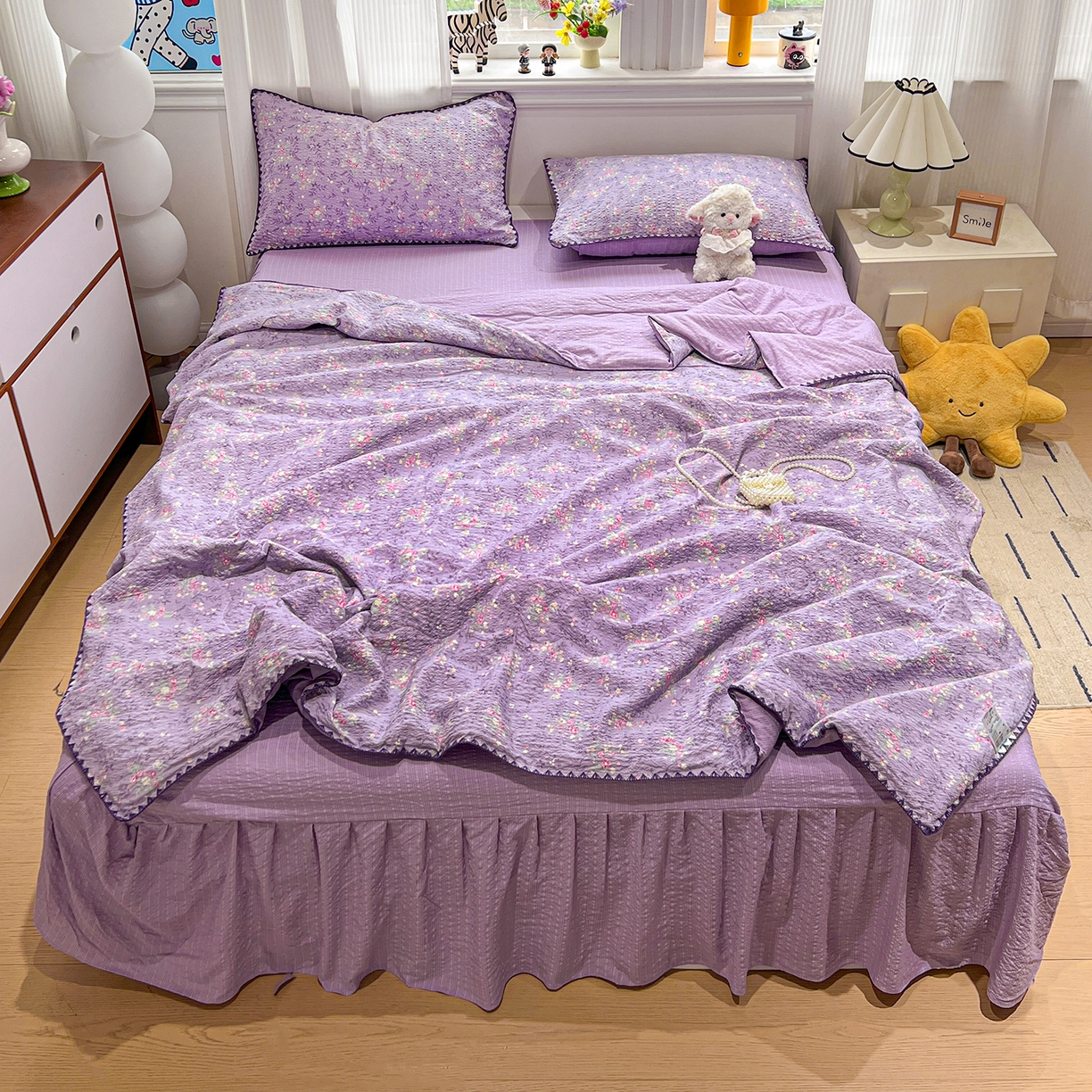 91家纺网 家纺一手货源 找家纺 富米莱（原臻工厂） 2026新款泡芙纱贝壳边夏被夏凉被空调被床盖床裙四件套-欧包系列 欧包-松间茶事