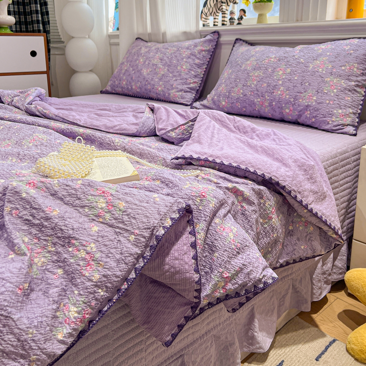 91家纺网 家纺一手货源 找家纺 富米莱（原臻工厂） 2026新款泡芙纱贝壳边夏被夏凉被空调被床盖床裙四件套-欧包系列 欧包-松间茶事