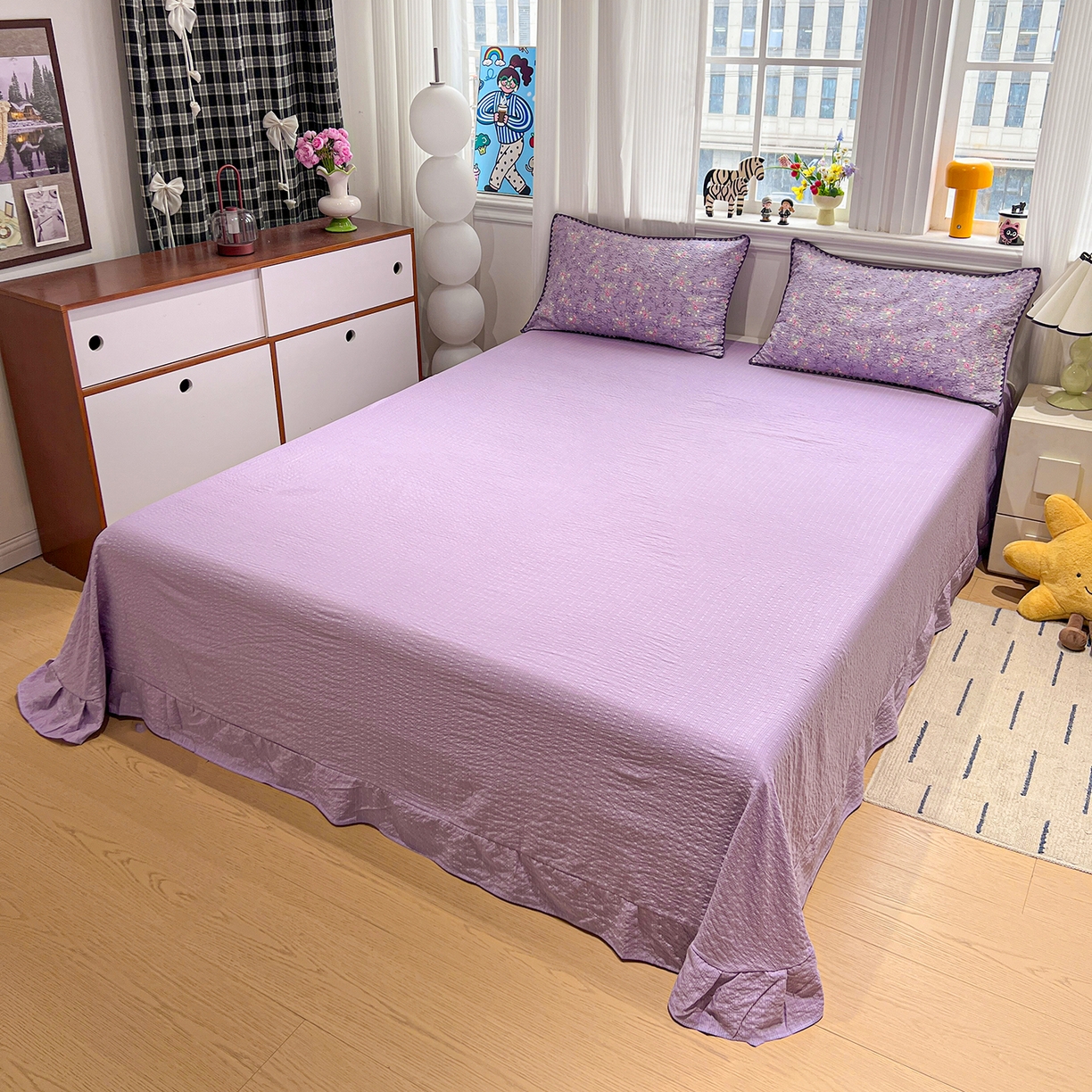 91家纺网 家纺一手货源 找家纺 富米莱（原臻工厂） 2026新款泡芙纱贝壳边夏被夏凉被空调被床盖床裙四件套-欧包系列 欧包-松间茶事