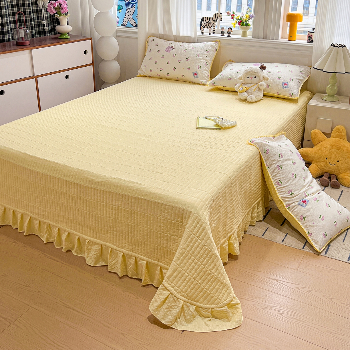 91家纺网 家纺一手货源 找家纺 富米莱（原臻工厂） 2026新款泡芙纱贝壳边夏被夏凉被空调被床盖床裙四件套-欧包系列 欧包-樱桃小软贴