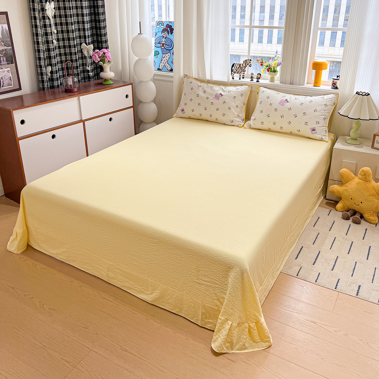 91家纺网 家纺一手货源 找家纺 富米莱（原臻工厂） 2026新款泡芙纱贝壳边夏被夏凉被空调被床盖床裙四件套-欧包系列 欧包-樱桃小软贴