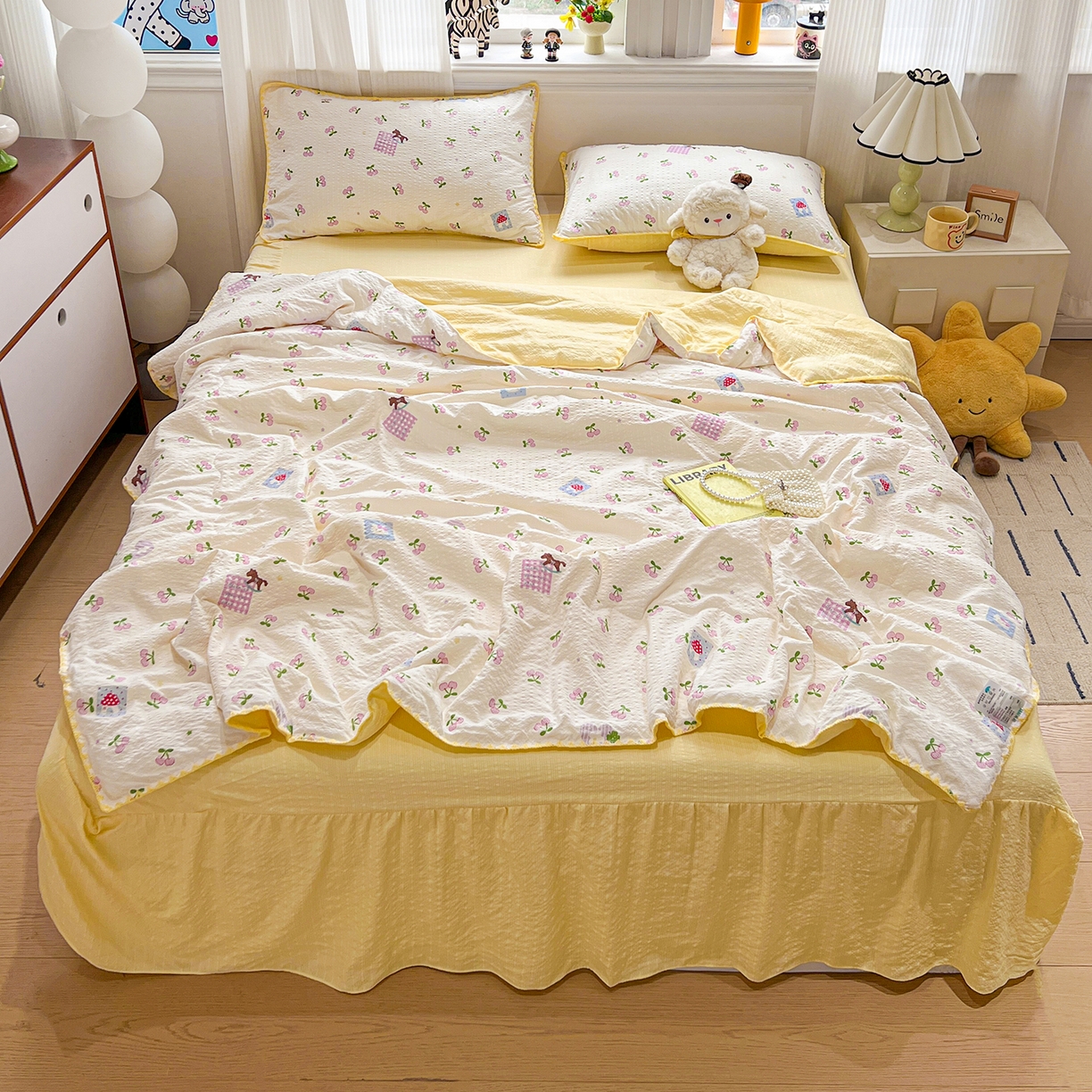 91家纺网 家纺一手货源 找家纺 富米莱（原臻工厂） 2026新款泡芙纱贝壳边夏被夏凉被空调被床盖床裙四件套-欧包系列 欧包-樱桃小软贴