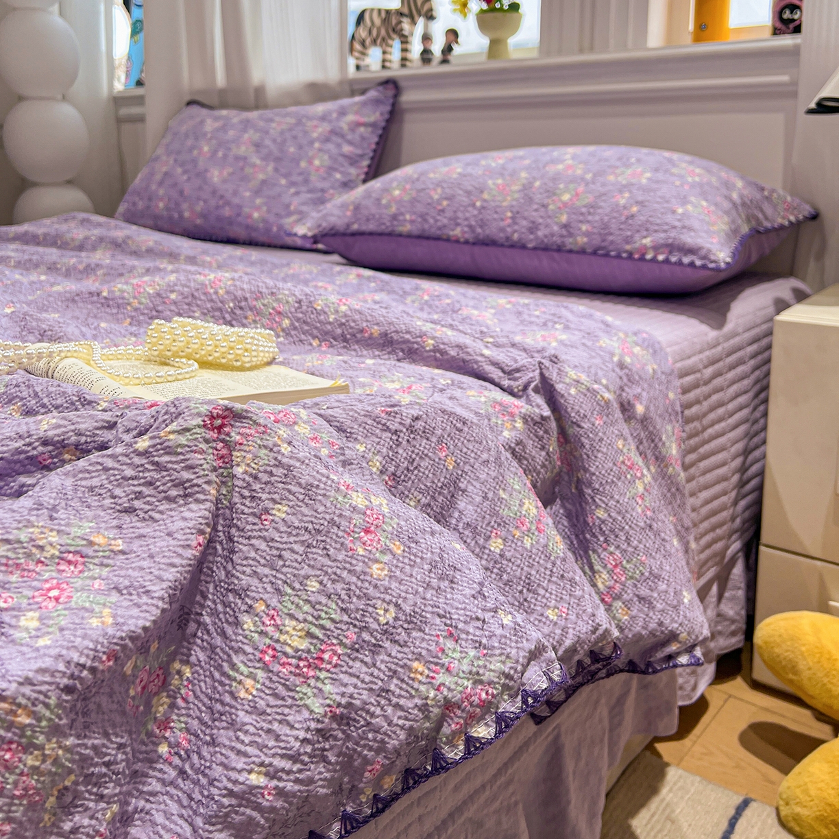 91家纺网 家纺一手货源 找家纺 富米莱（原臻工厂） 2026新款泡芙纱贝壳边夏被夏凉被空调被床盖床裙四件套-欧包系列 欧包-松间茶事