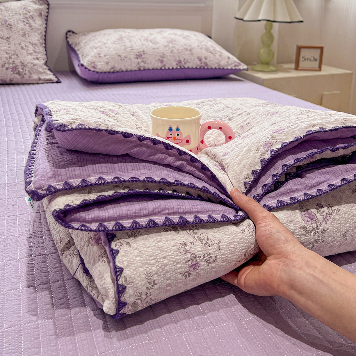 富米莱（原臻工厂） 2026新款泡芙纱贝壳边夏被夏凉被空调被床盖床裙四件套-欧包系列 欧包-柔紫碎花屿