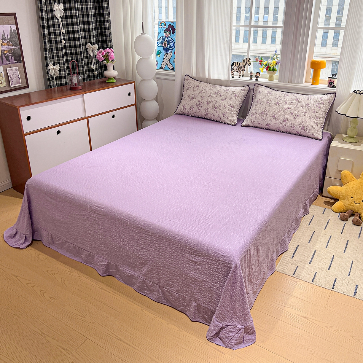 91家纺网 家纺一手货源 找家纺 富米莱（原臻工厂） 2026新款泡芙纱贝壳边夏被夏凉被空调被床盖床裙四件套-欧包系列 欧包-柔紫碎花屿