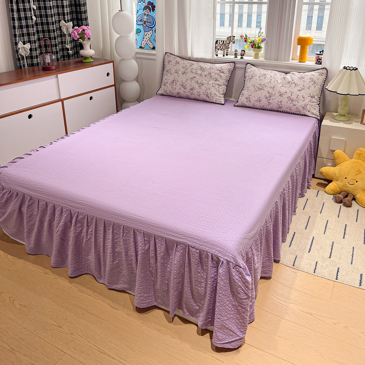 91家纺网 家纺一手货源 找家纺 富米莱（原臻工厂） 2026新款泡芙纱贝壳边夏被夏凉被空调被床盖床裙四件套-欧包系列 欧包-柔紫碎花屿