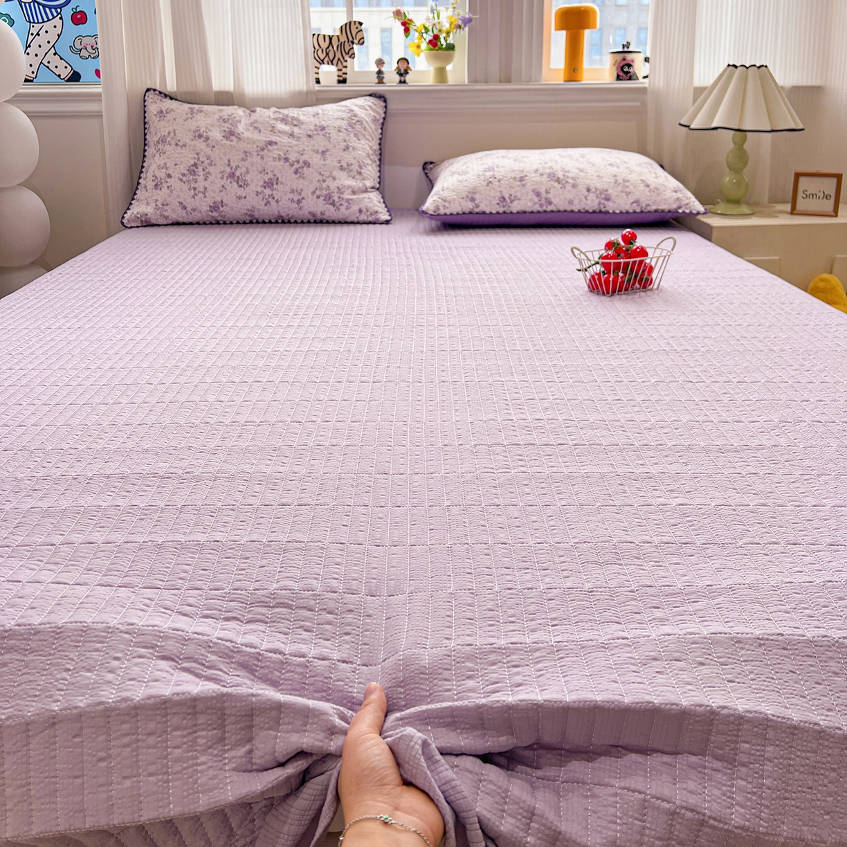 91家纺网 家纺一手货源 找家纺 富米莱（原臻工厂） 2026新款泡芙纱贝壳边夏被夏凉被空调被床盖床裙四件套-欧包系列 欧包-柔紫碎花屿