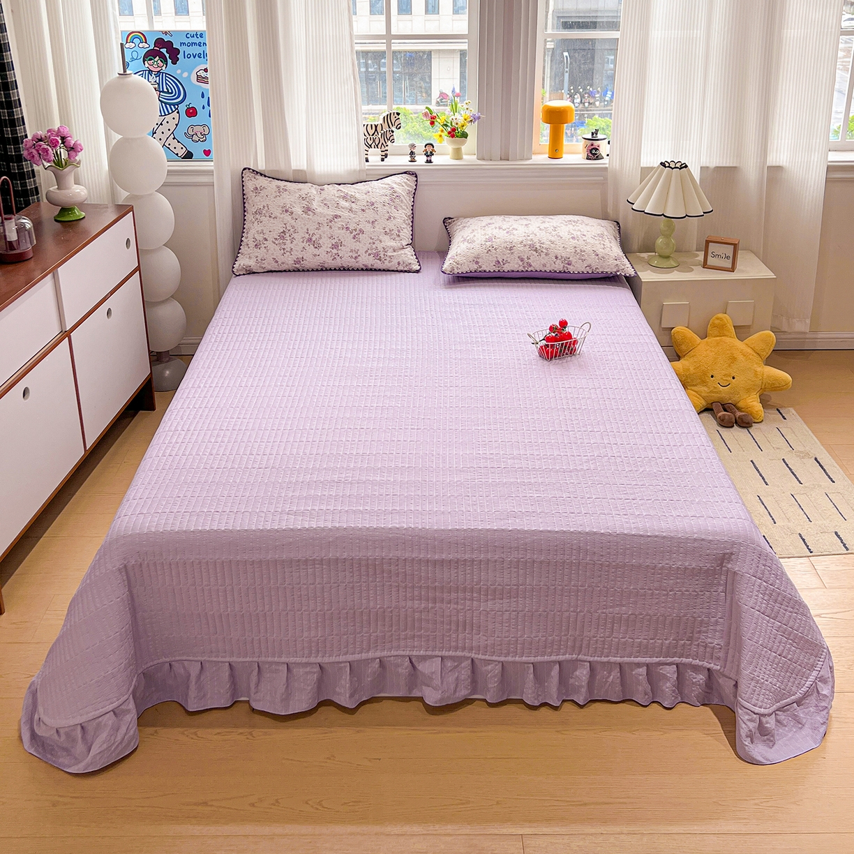 91家纺网 家纺一手货源 找家纺 富米莱（原臻工厂） 2026新款泡芙纱贝壳边夏被夏凉被空调被床盖床裙四件套-欧包系列 欧包-柔紫碎花屿