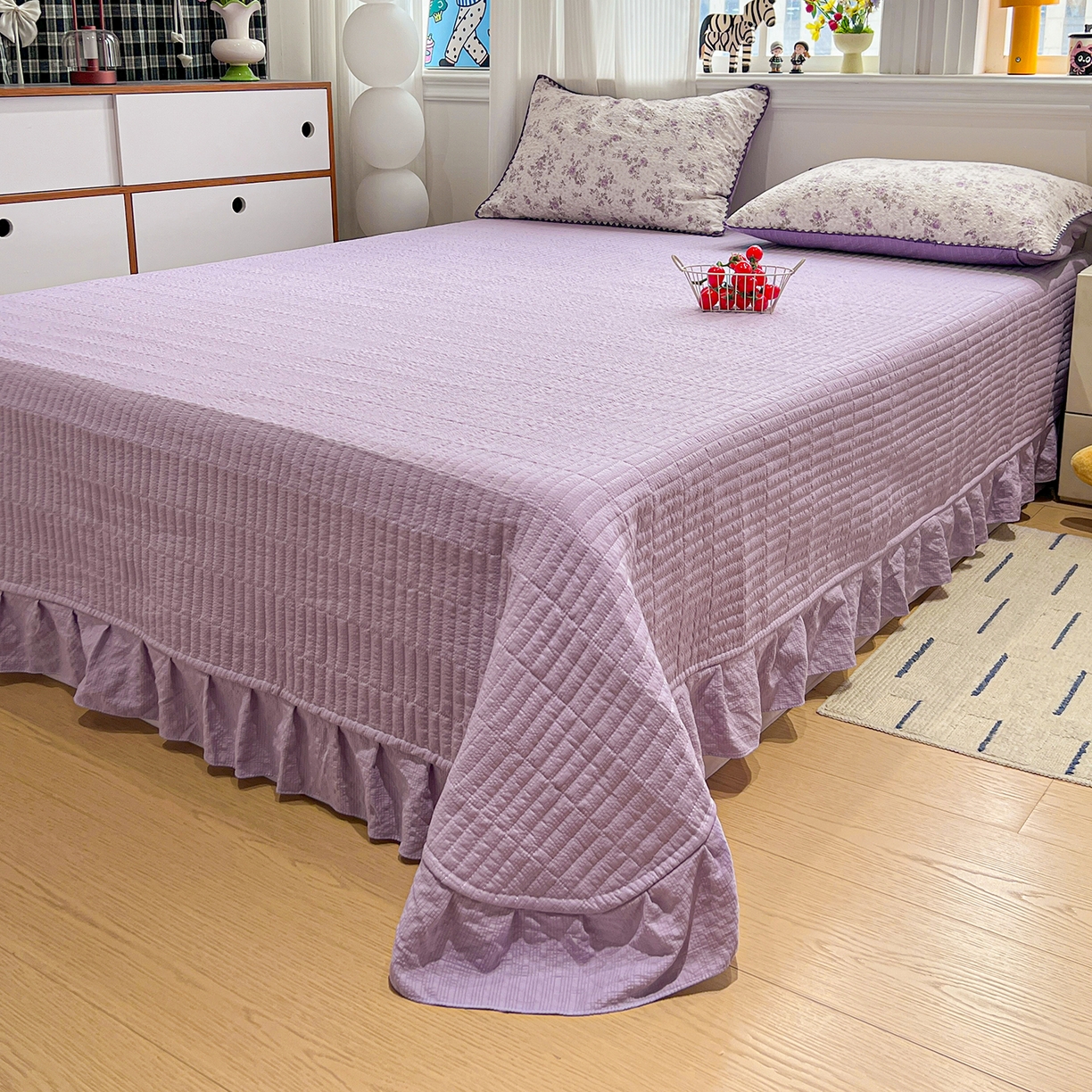 91家纺网 家纺一手货源 找家纺 富米莱（原臻工厂） 2026新款泡芙纱贝壳边夏被夏凉被空调被床盖床裙四件套-欧包系列 欧包-柔紫碎花屿