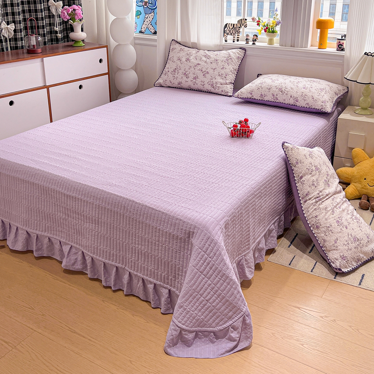 91家纺网 家纺一手货源 找家纺 富米莱（原臻工厂） 2026新款泡芙纱贝壳边夏被夏凉被空调被床盖床裙四件套-欧包系列 欧包-柔紫碎花屿