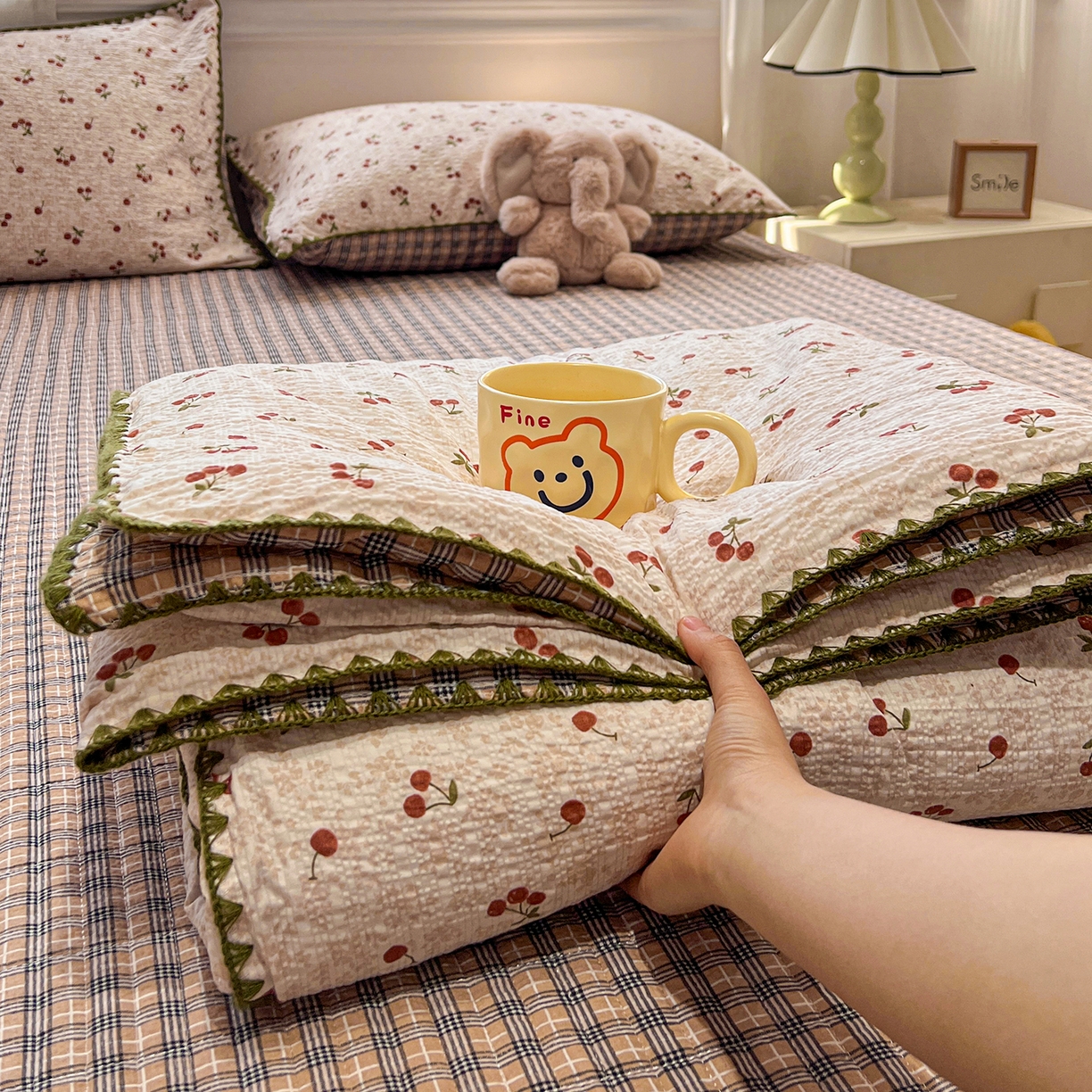 富米莱（原臻工厂） 2026新款泡芙纱贝壳边夏被夏凉被空调被床盖床裙四件套-欧包系列 欧包-酒渍樱桃