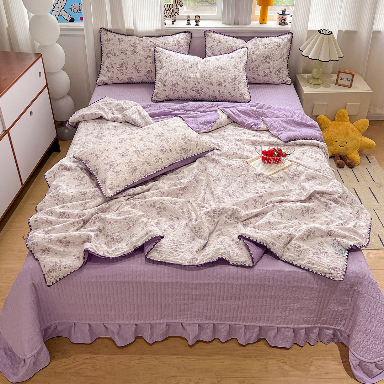 91家纺网 家纺一手货源 找家纺 富米莱（原臻工厂） 2026新款泡芙纱贝壳边夏被夏凉被空调被床盖床裙四件套-欧包系列 欧包-柔紫碎花屿