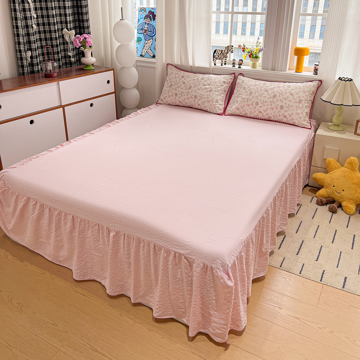 91家纺网 家纺一手货源 找家纺 富米莱（原臻工厂） 2026新款泡芙纱贝壳边夏被夏凉被空调被床盖床裙四件套-欧包系列 欧包-花园兔