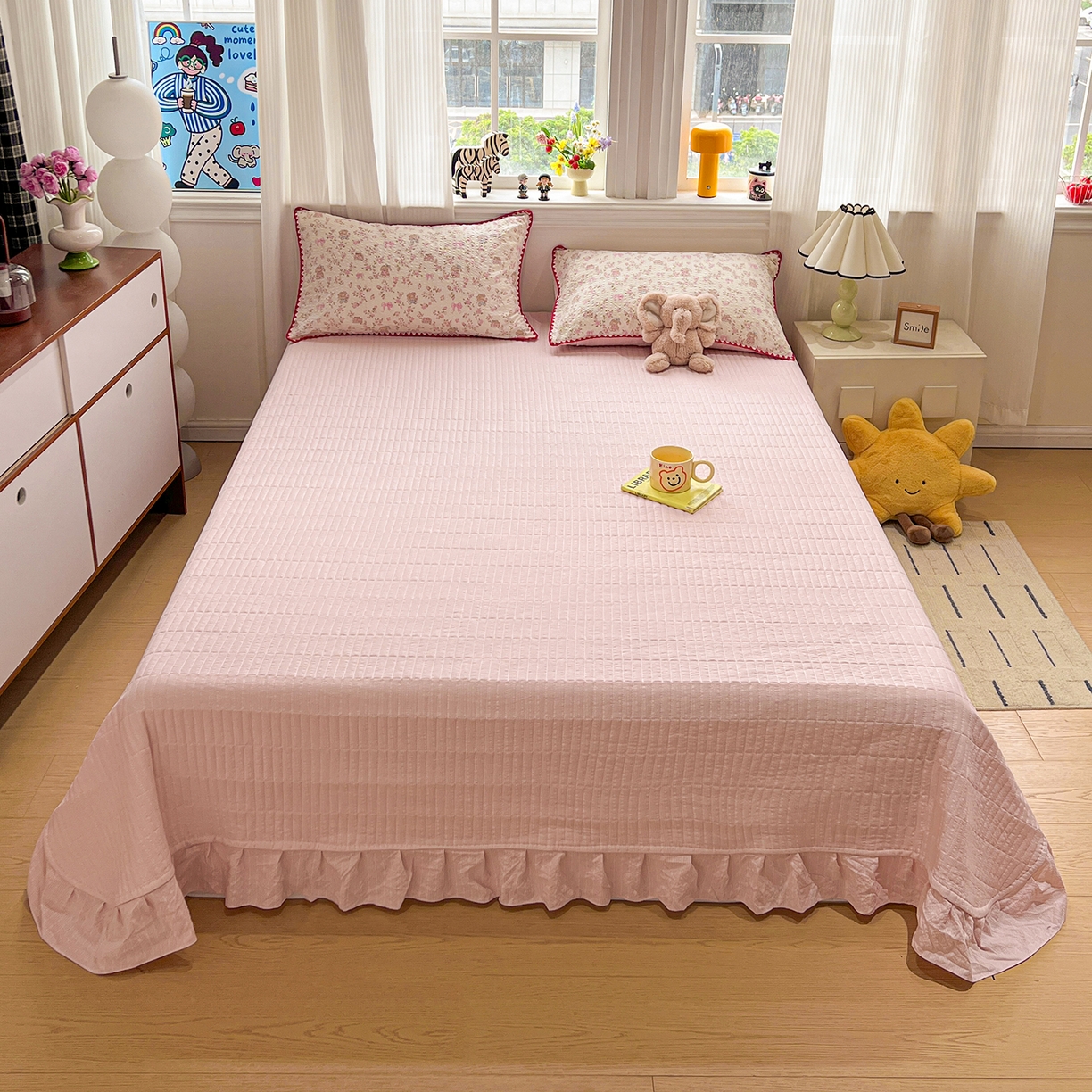 91家纺网 家纺一手货源 找家纺 富米莱（原臻工厂） 2026新款泡芙纱贝壳边夏被夏凉被空调被床盖床裙四件套-欧包系列 欧包-花园兔