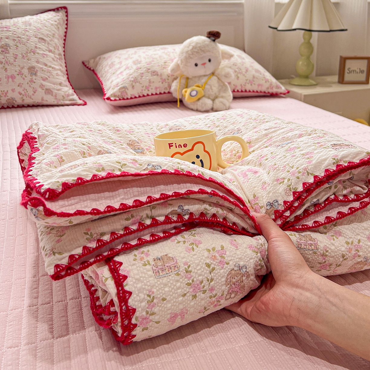 富米莱（原臻工厂） 2026新款泡芙纱贝壳边夏被夏凉被空调被床盖床裙四件套-欧包系列 欧包-花园兔