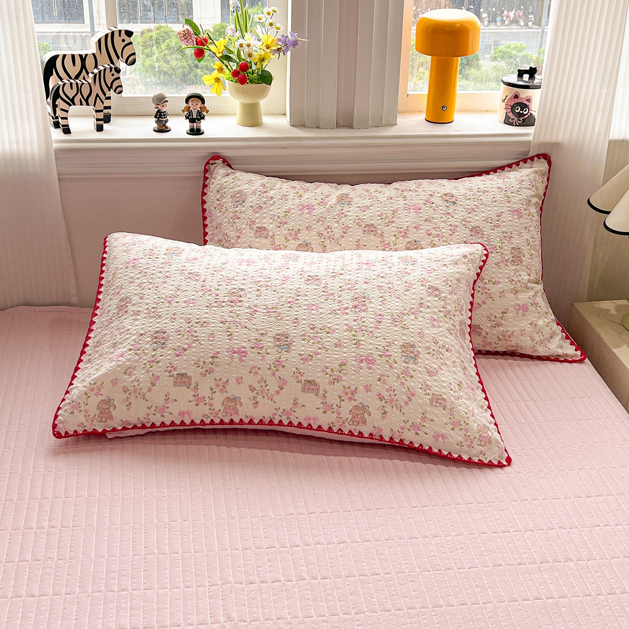 91家纺网 家纺一手货源 找家纺 富米莱（原臻工厂） 2026新款泡芙纱贝壳边夏被夏凉被空调被床盖床裙四件套-欧包系列 欧包-花园兔