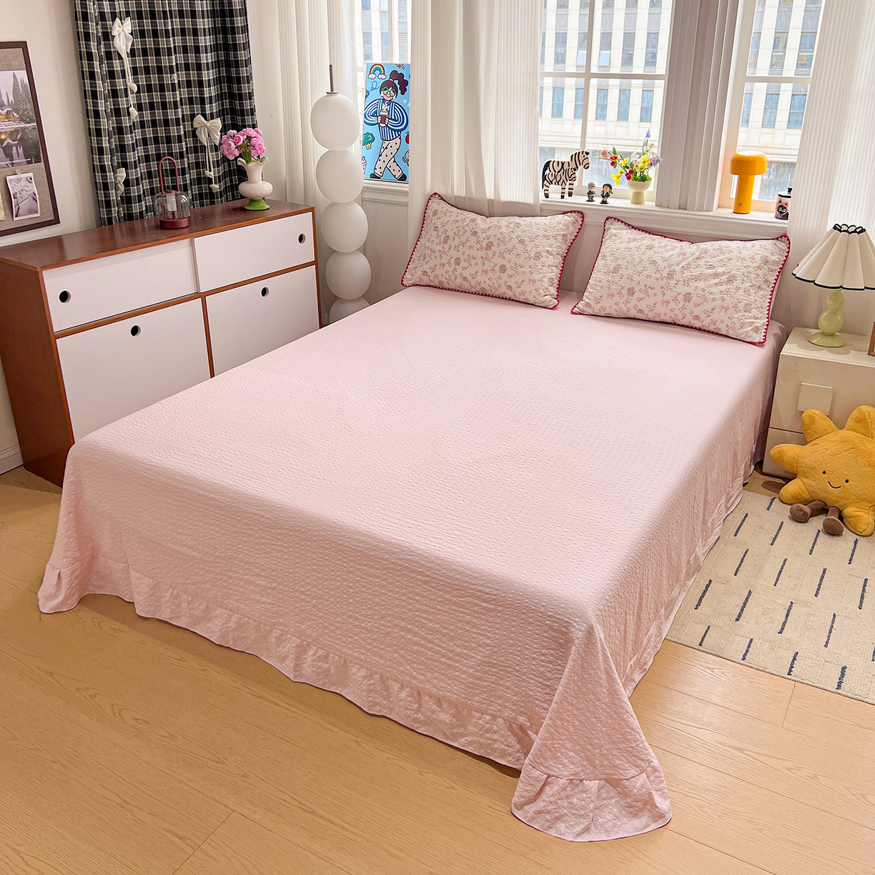 91家纺网 家纺一手货源 找家纺 富米莱（原臻工厂） 2026新款泡芙纱贝壳边夏被夏凉被空调被床盖床裙四件套-欧包系列 欧包-花园兔