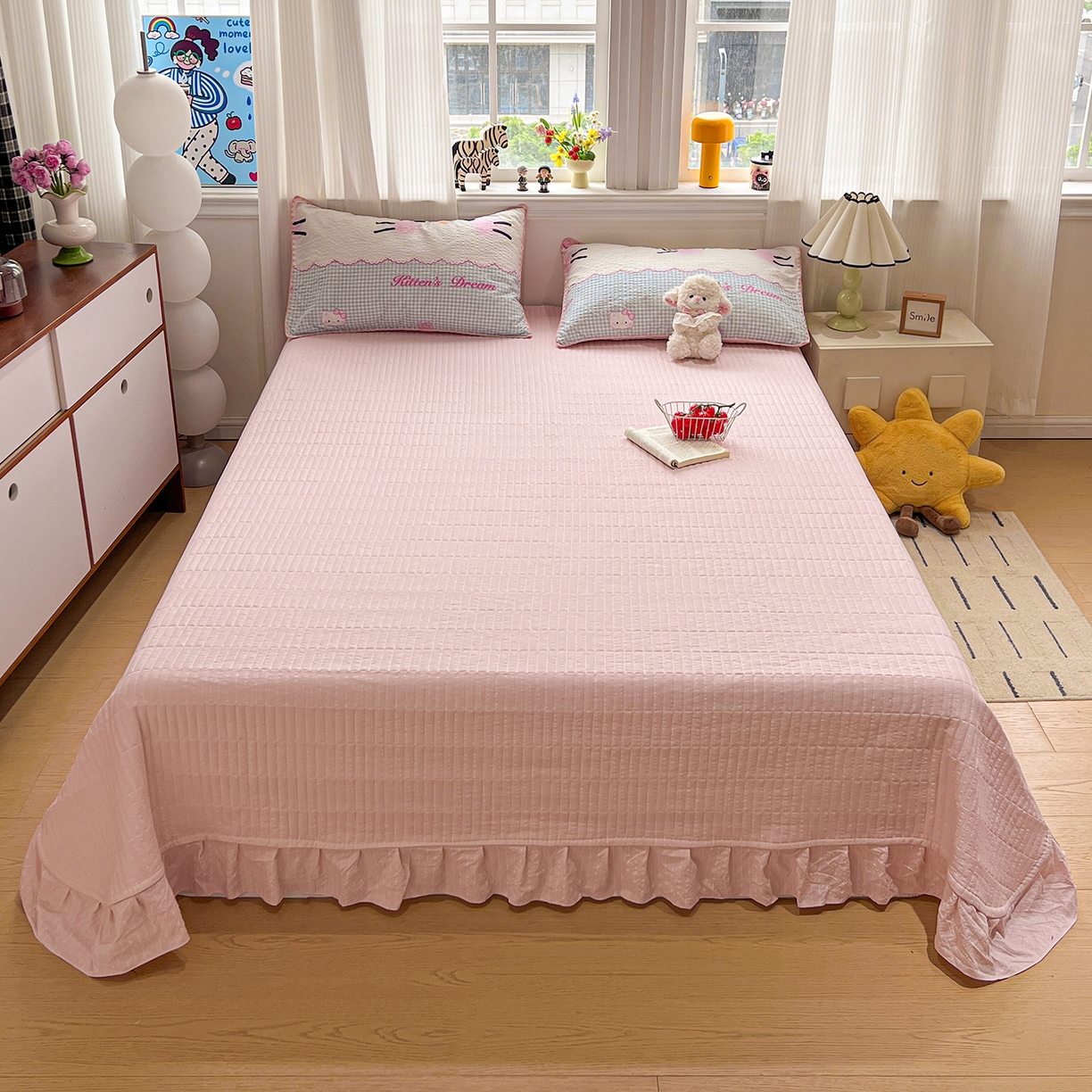 91家纺网 家纺一手货源 找家纺 富米莱（原臻工厂） 2026新款泡芙纱贝壳边夏被夏凉被空调被床盖床裙四件套-欧包系列 欧包-轻语小猫