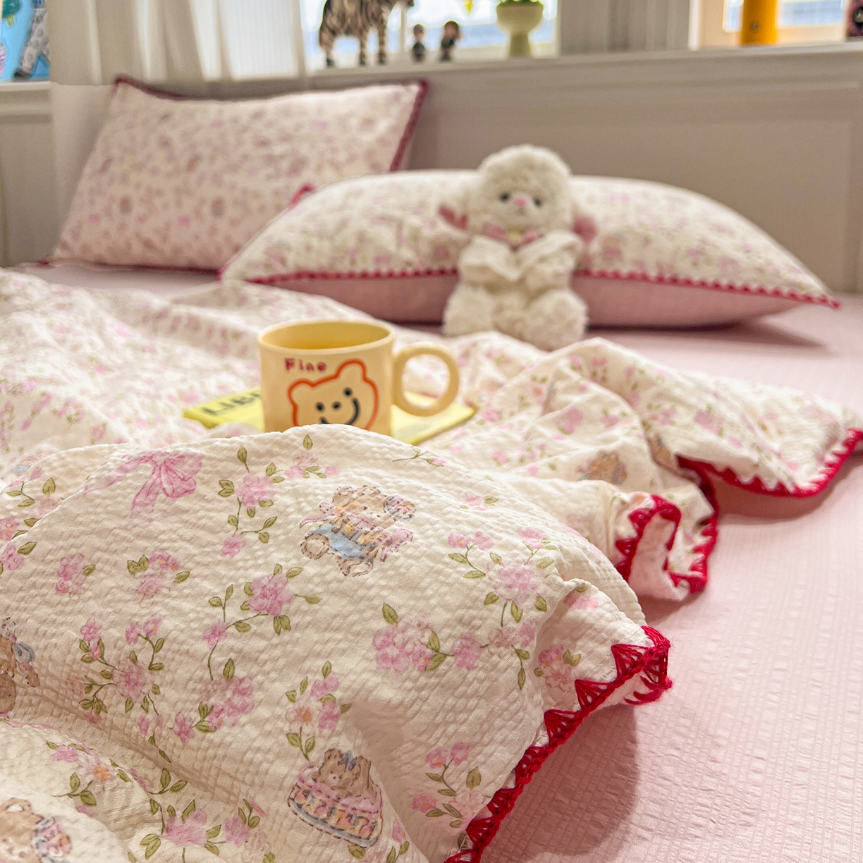 91家纺网 家纺一手货源 找家纺 富米莱（原臻工厂） 2026新款泡芙纱贝壳边夏被夏凉被空调被床盖床裙四件套-欧包系列 欧包-花园兔