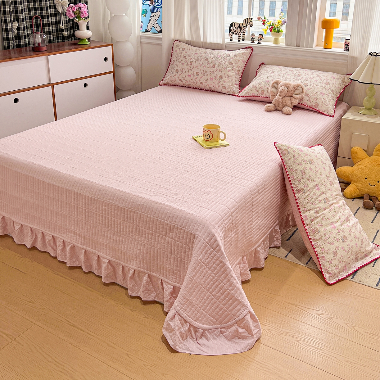 91家纺网 家纺一手货源 找家纺 富米莱（原臻工厂） 2026新款泡芙纱贝壳边夏被夏凉被空调被床盖床裙四件套-欧包系列 欧包-花园兔