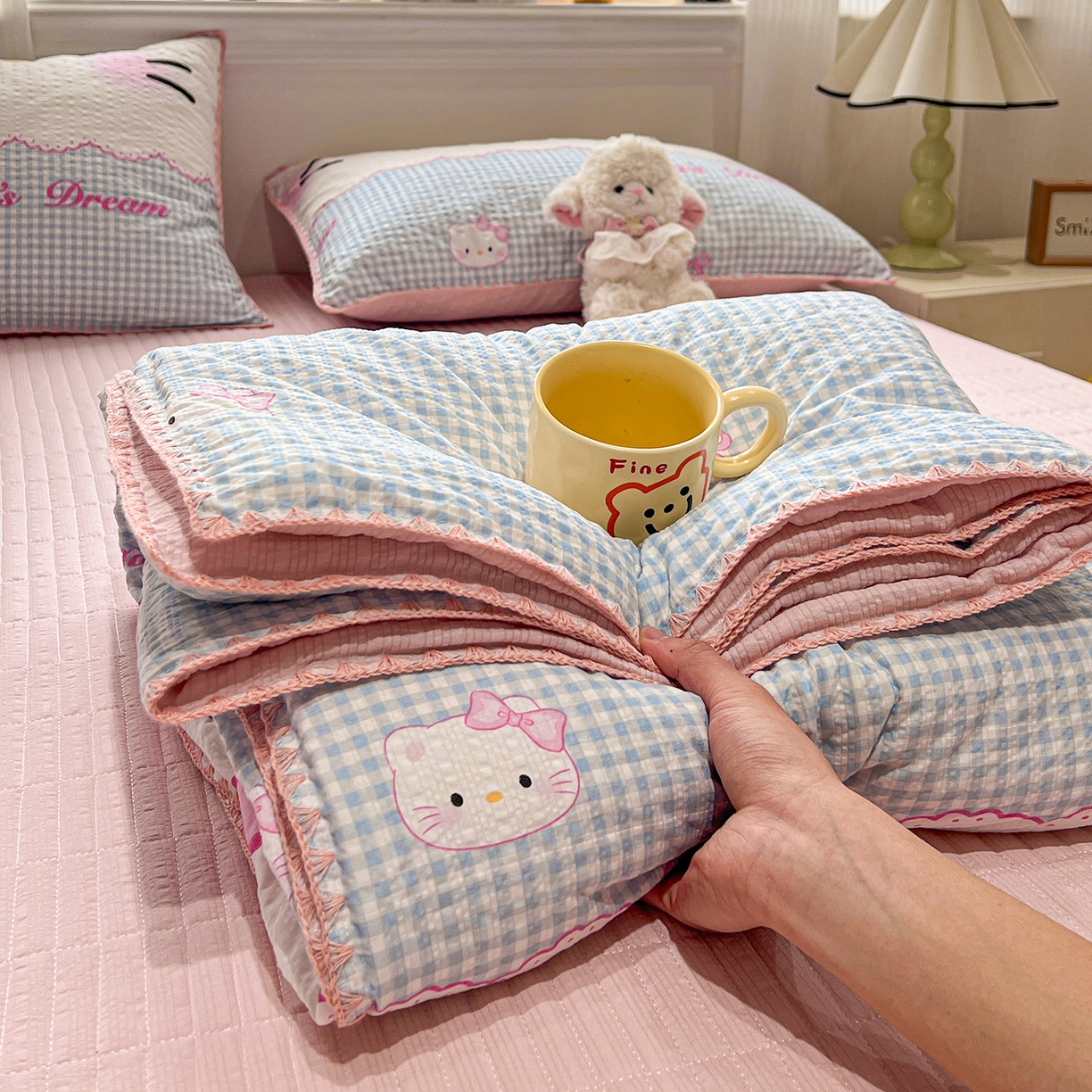 富米莱（原臻工厂） 2026新款泡芙纱贝壳边夏被夏凉被空调被床盖床裙四件套-欧包系列 欧包-轻语小猫