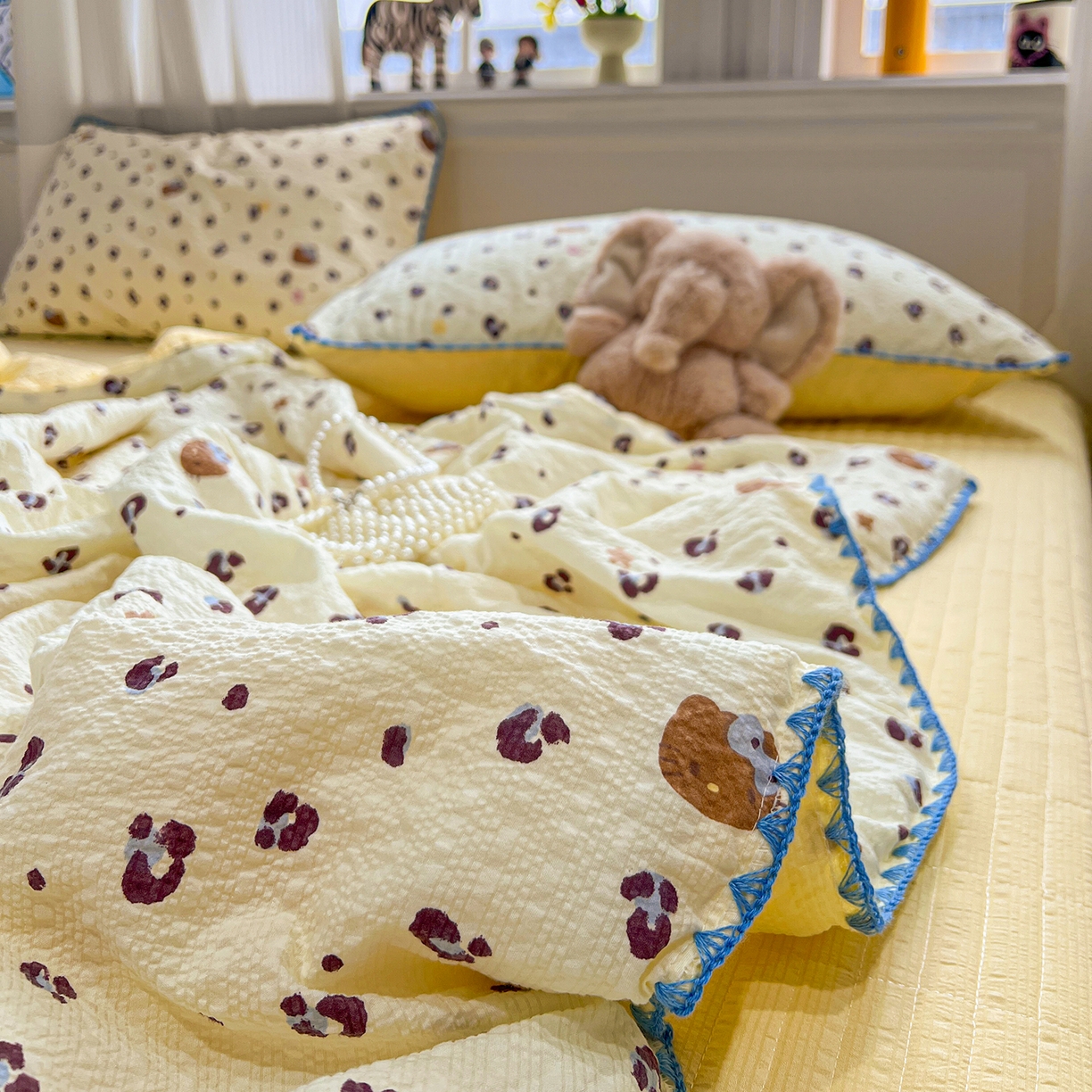 91家纺网 家纺一手货源 找家纺 富米莱（原臻工厂） 2026新款泡芙纱贝壳边夏被夏凉被空调被床盖床裙四件套-欧包系列 欧包-豹纹蓝星