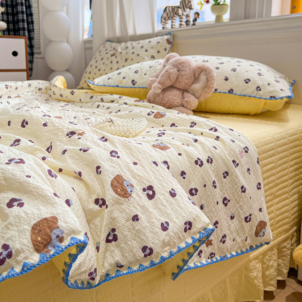 91家纺网 家纺一手货源 找家纺 富米莱（原臻工厂） 2026新款泡芙纱贝壳边夏被夏凉被空调被床盖床裙四件套-欧包系列 欧包-豹纹蓝星