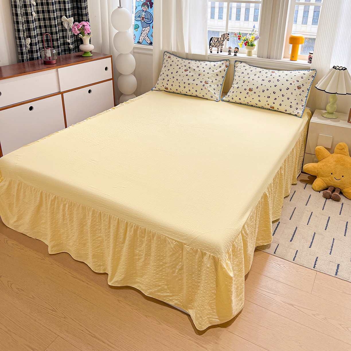 91家纺网 家纺一手货源 找家纺 富米莱（原臻工厂） 2026新款泡芙纱贝壳边夏被夏凉被空调被床盖床裙四件套-欧包系列 欧包-豹纹蓝星