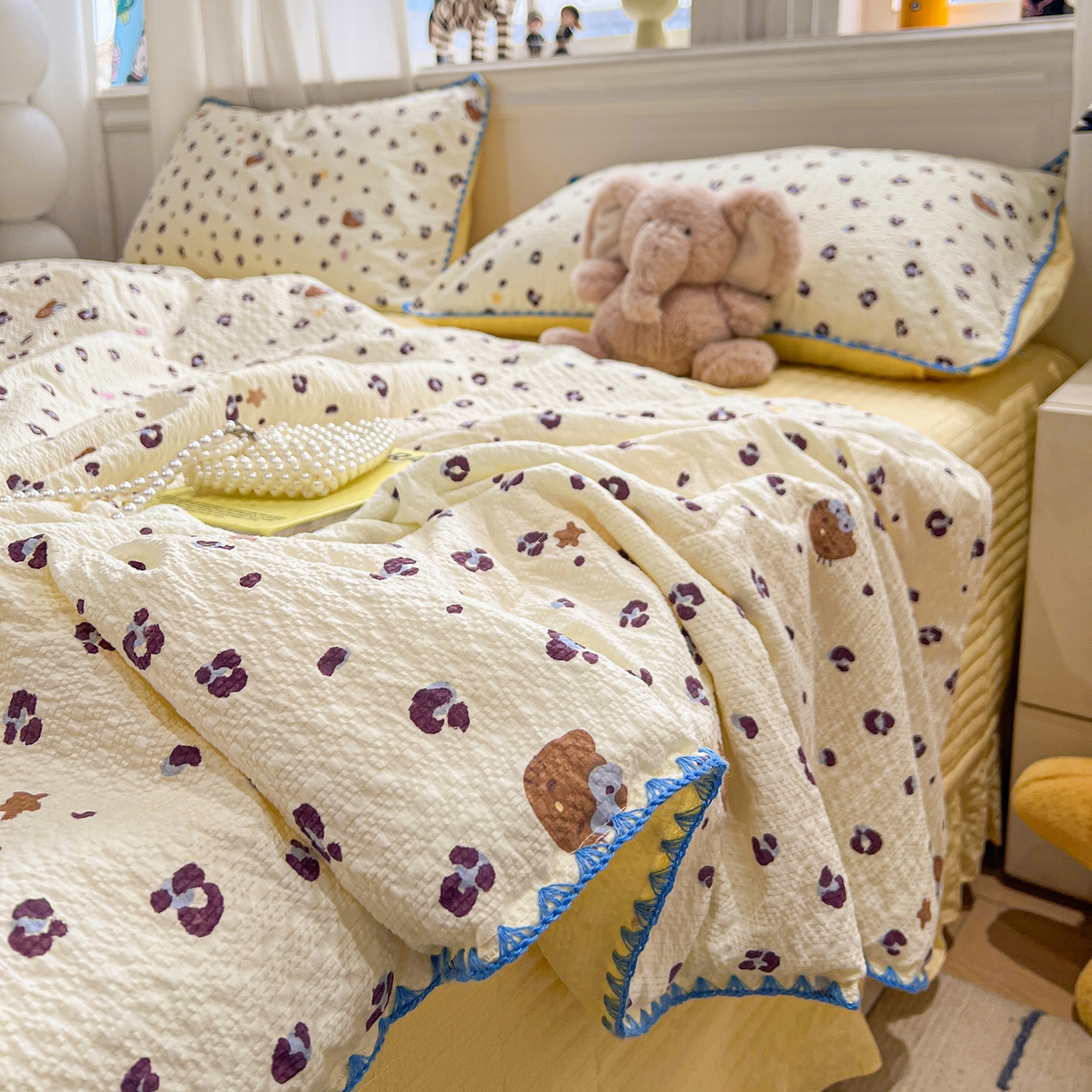 91家纺网 家纺一手货源 找家纺 富米莱（原臻工厂） 2026新款泡芙纱贝壳边夏被夏凉被空调被床盖床裙四件套-欧包系列 欧包-豹纹蓝星