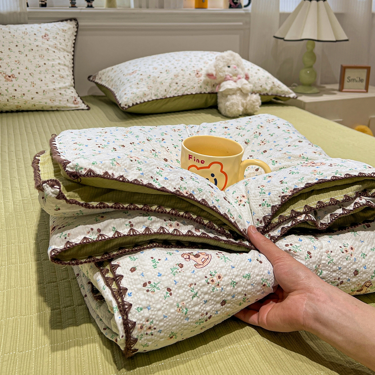 富米莱（原臻工厂） 2026新款泡芙纱贝壳边夏被夏凉被空调被床盖床裙四件套-欧包系列 欧包-木马小花团