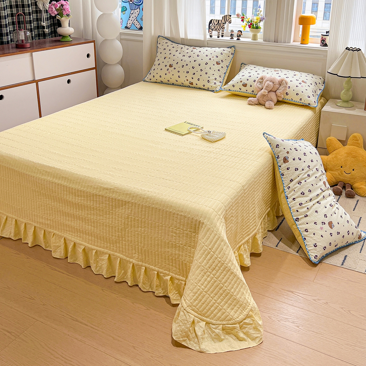 91家纺网 家纺一手货源 找家纺 富米莱（原臻工厂） 2026新款泡芙纱贝壳边夏被夏凉被空调被床盖床裙四件套-欧包系列 欧包-豹纹蓝星