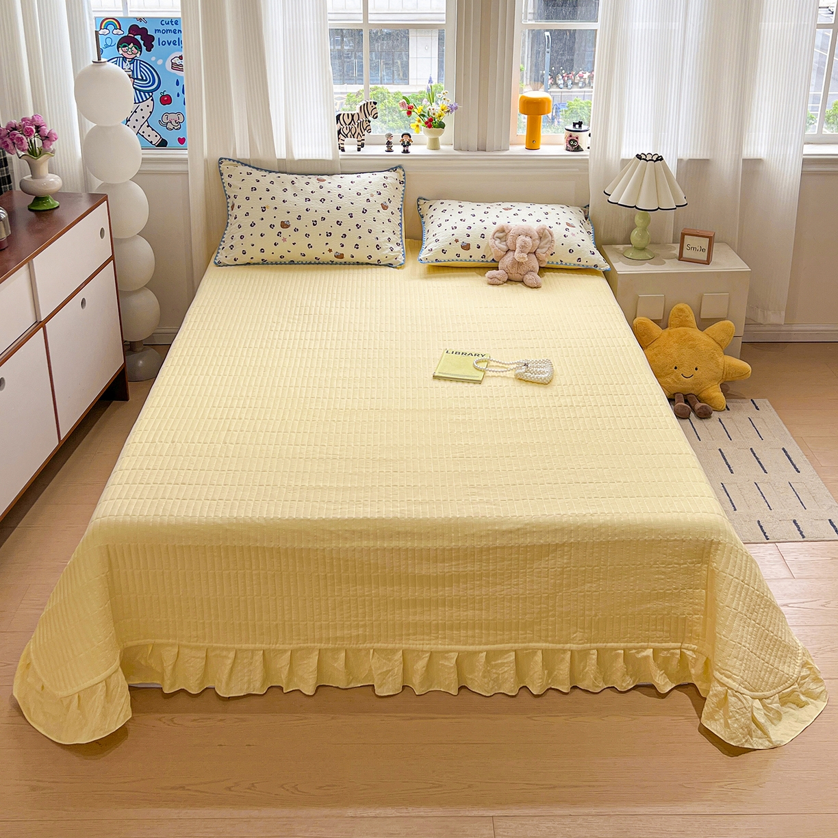 91家纺网 家纺一手货源 找家纺 富米莱（原臻工厂） 2026新款泡芙纱贝壳边夏被夏凉被空调被床盖床裙四件套-欧包系列 欧包-豹纹蓝星