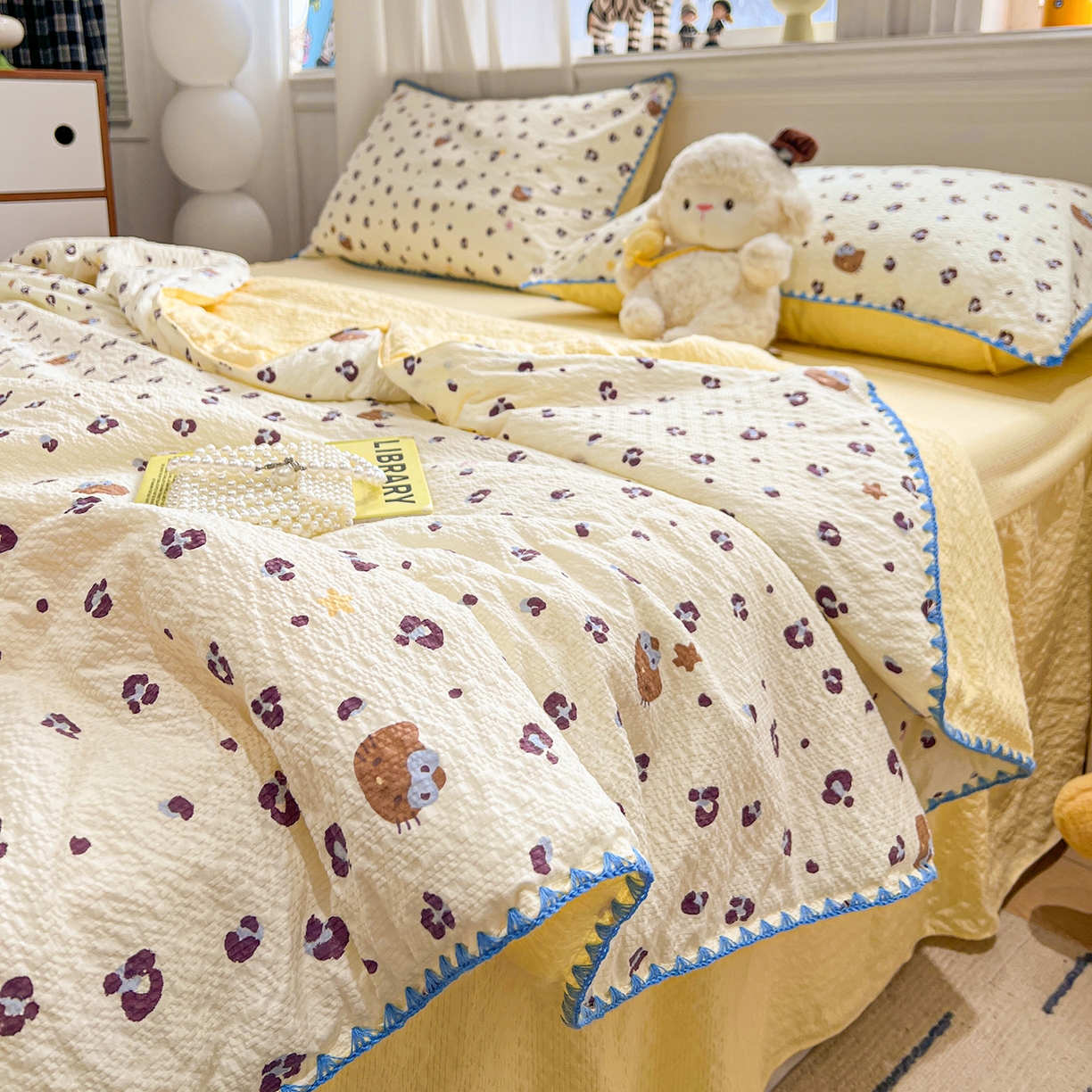 91家纺网 家纺一手货源 找家纺 富米莱（原臻工厂） 2026新款泡芙纱贝壳边夏被夏凉被空调被床盖床裙四件套-欧包系列 欧包-豹纹蓝星