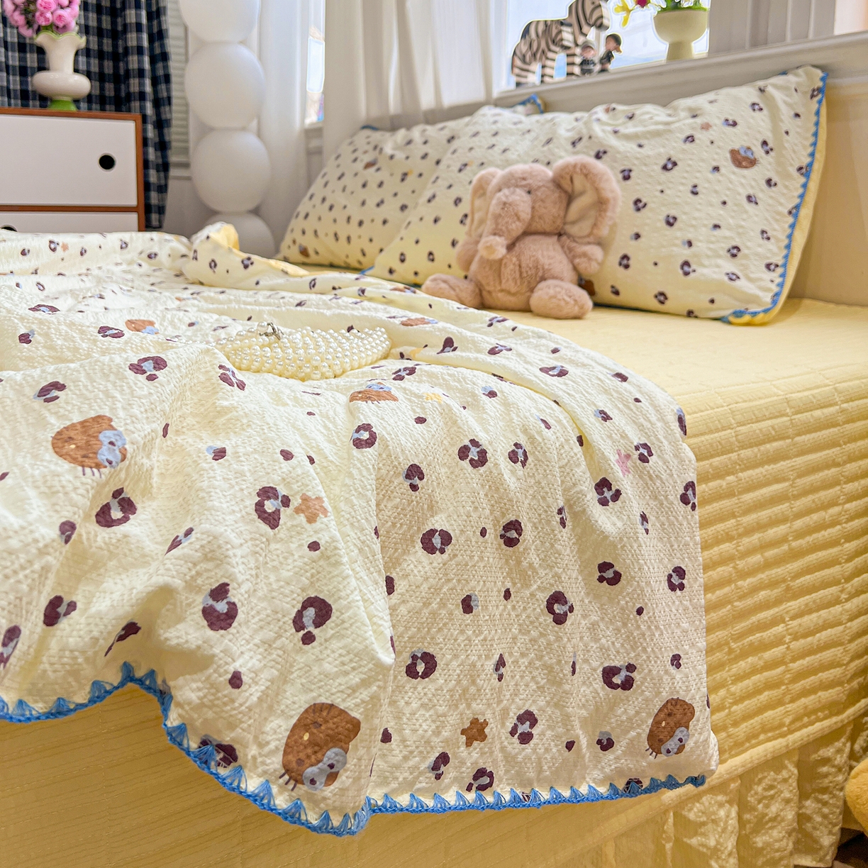 91家纺网 家纺一手货源 找家纺 富米莱（原臻工厂） 2026新款泡芙纱贝壳边夏被夏凉被空调被床盖床裙四件套-欧包系列 欧包-豹纹蓝星