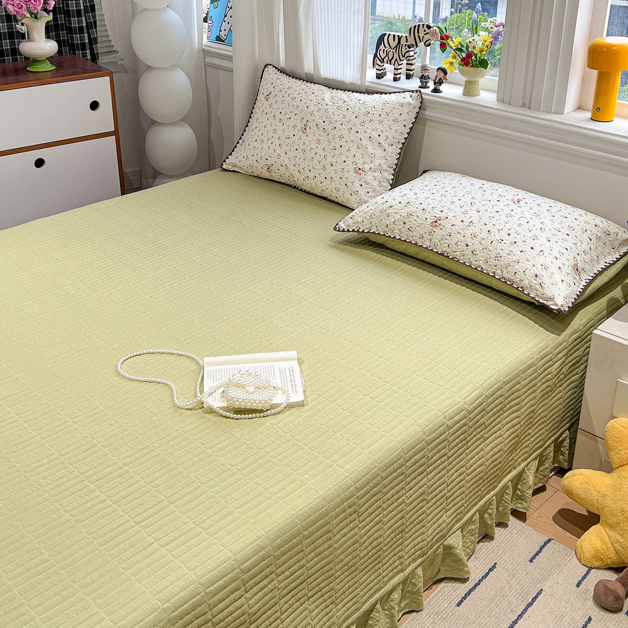 91家纺网 家纺一手货源 找家纺 富米莱（原臻工厂） 2026新款泡芙纱贝壳边夏被夏凉被空调被床盖床裙四件套-欧包系列 欧包-木马小花团