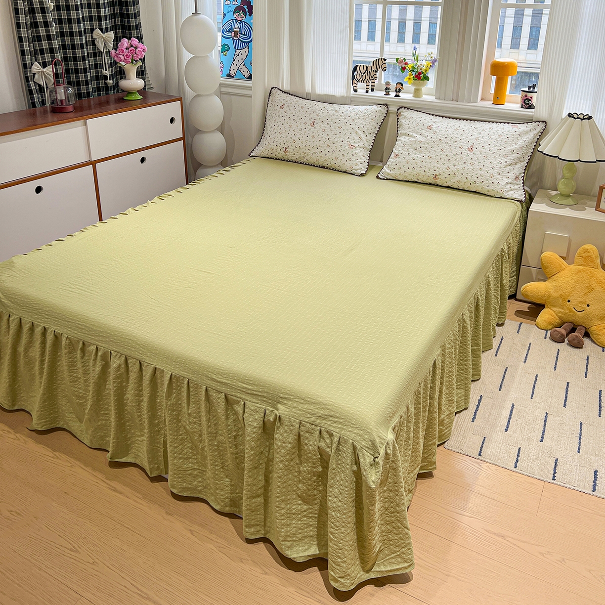 91家纺网 家纺一手货源 找家纺 富米莱（原臻工厂） 2026新款泡芙纱贝壳边夏被夏凉被空调被床盖床裙四件套-欧包系列 欧包-木马小花团