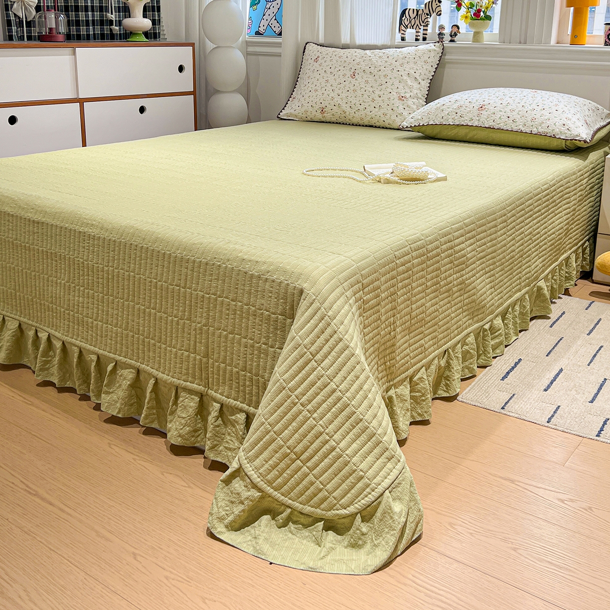 91家纺网 家纺一手货源 找家纺 富米莱（原臻工厂） 2026新款泡芙纱贝壳边夏被夏凉被空调被床盖床裙四件套-欧包系列 欧包-木马小花团