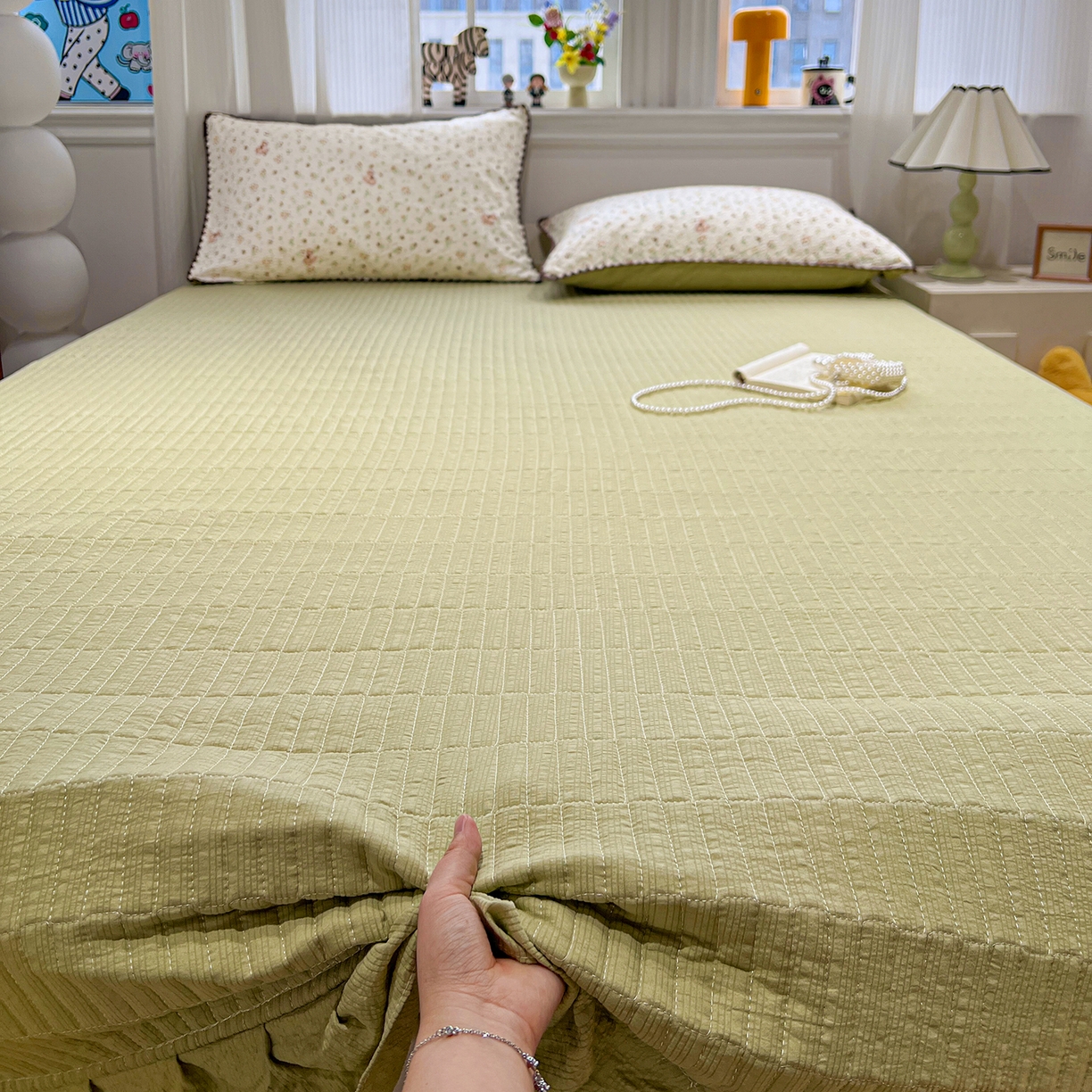 91家纺网 家纺一手货源 找家纺 富米莱（原臻工厂） 2026新款泡芙纱贝壳边夏被夏凉被空调被床盖床裙四件套-欧包系列 欧包-木马小花团